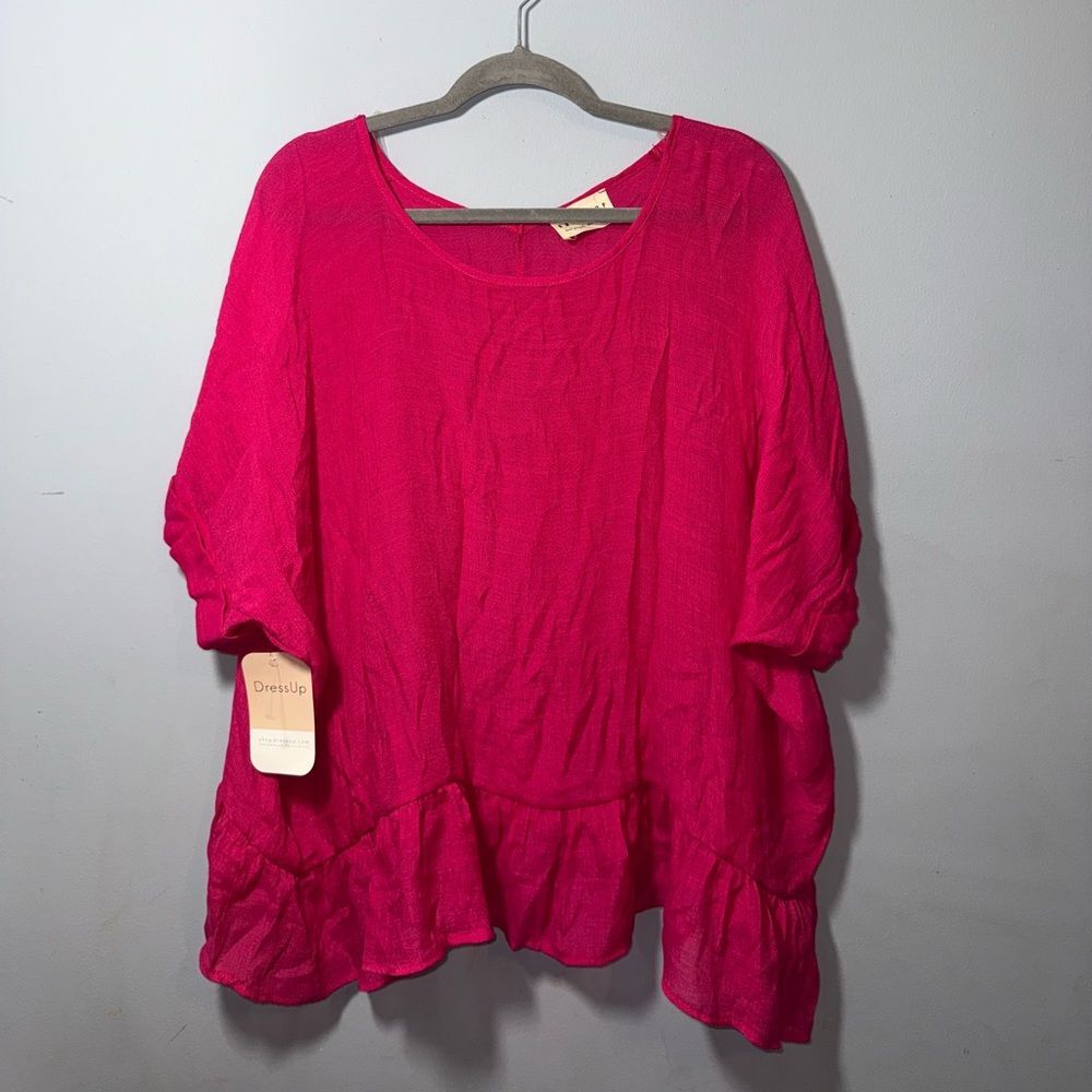 Dress Up Fuchsia Pink Boxy Oversized Ruffle bottom sheer Top Size M NWT Vacation